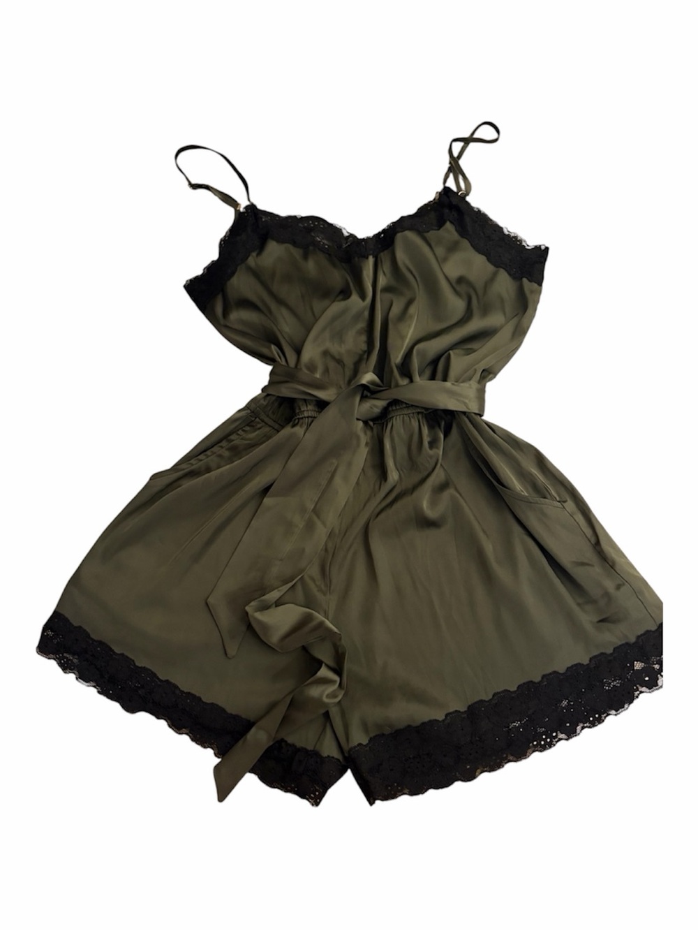 Olive Green Satin Lace-Trim Romper with Waist Tie